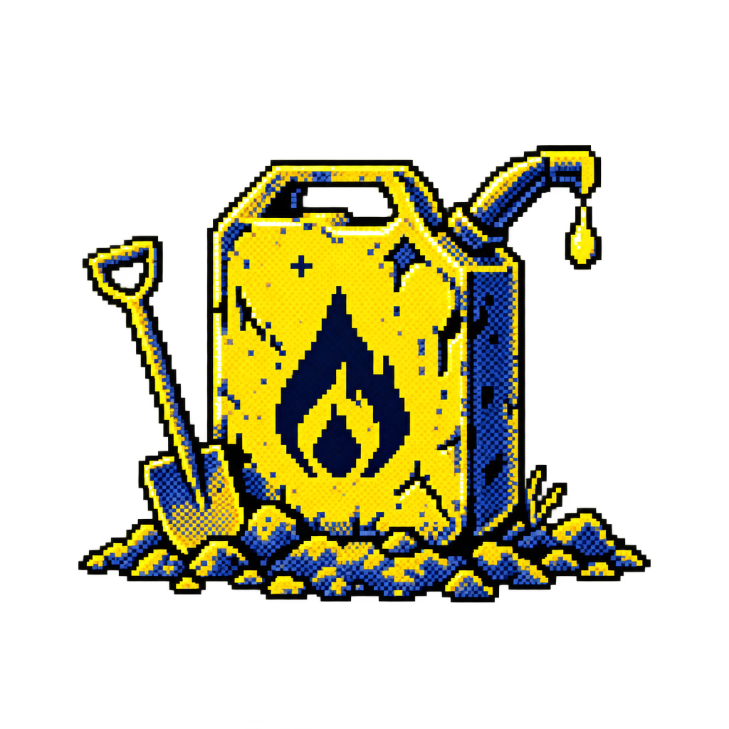 Pixel-art jerrycan standing beside a shovel in a pile of gold rocks.
