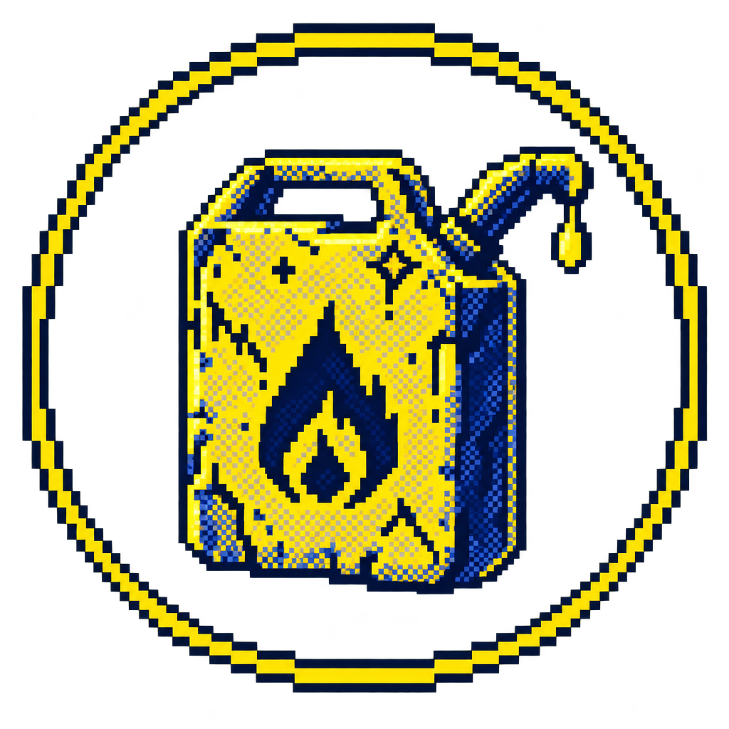 Gas Graveyard mascot jerrycan, alternate colorway, ringed in a black and gold pixel frame.