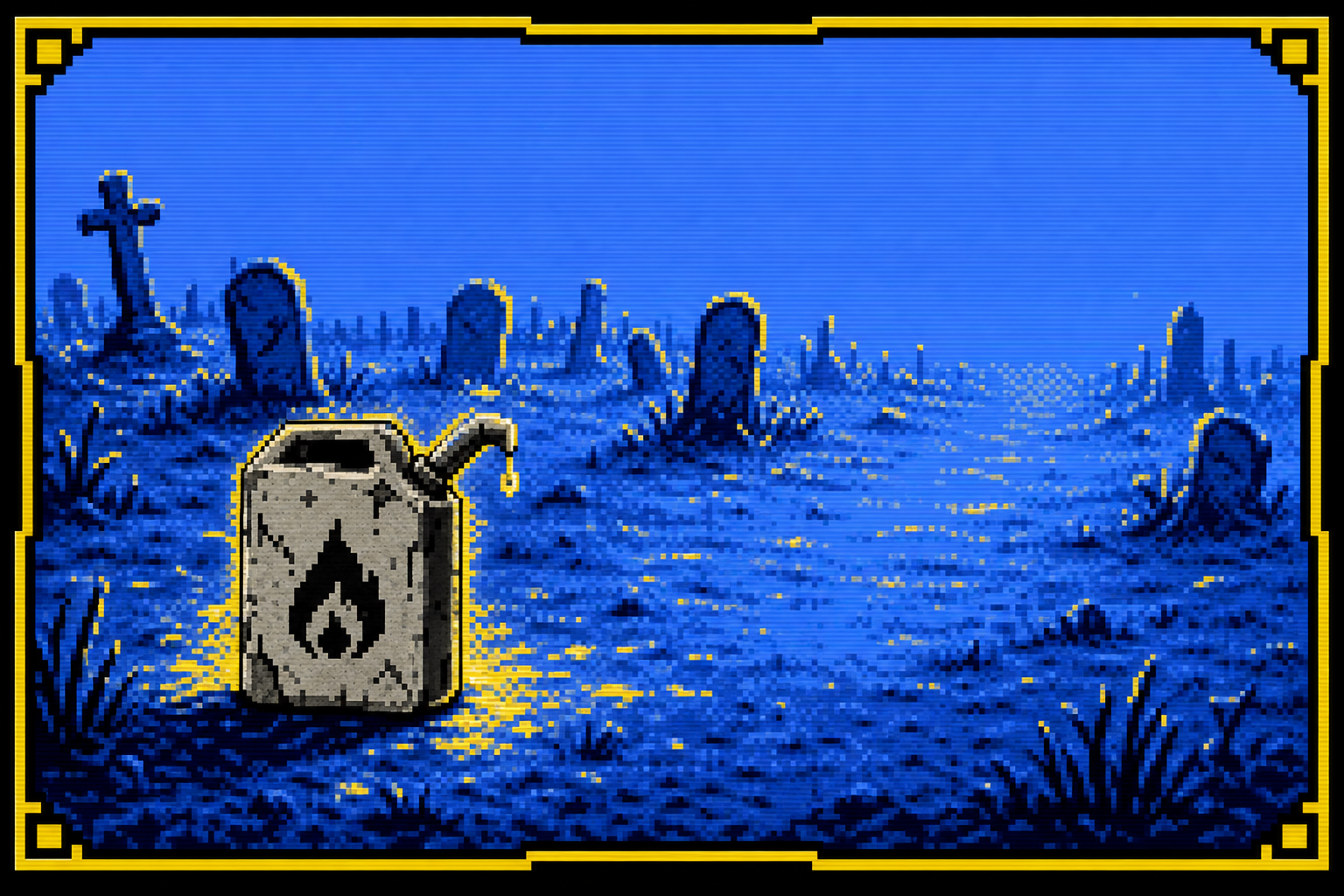Wide pixel-art graveyard scene at dusk with the jerrycan mascot standing among tombstones.